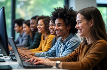 Diverse group of cheerful students colleagues collaborating on projects in modern computer lab office. Teamwork, tech skills shown. Happy people working together. Modern work environment. Focus on
