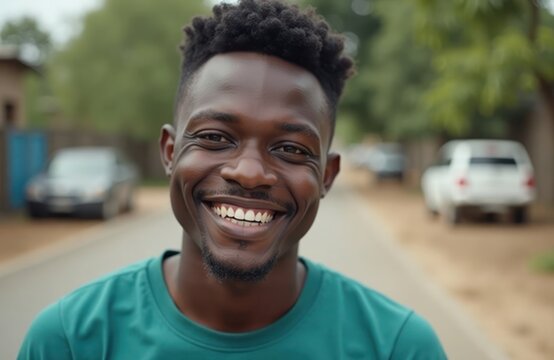 Happy young Zambian man smiles directly at camera. Outdoor setting blurred. Image conveys joy, positivity. Potential uses include cultural representation ads social media posts articles related to