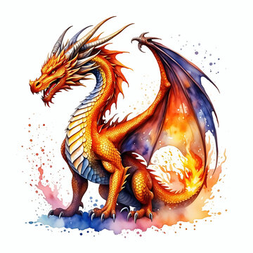 recommend clip art: Watercolor illustration of a fire dragon on a white dragon