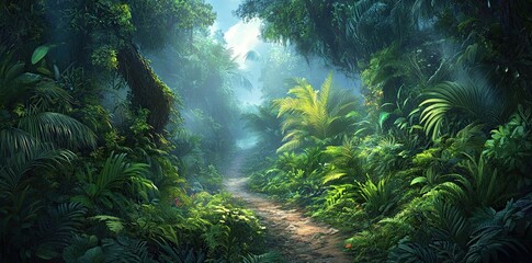 A dense, misty rainforest with towering eucalyptus trees and lush ferns