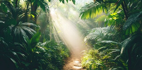 A dense, misty rainforest with towering eucalyptus trees and lush ferns