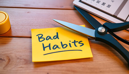 Scissors that cut yellow notepad with bad habits text on a wooden desk background. Spending concept isolated with white highlights, png