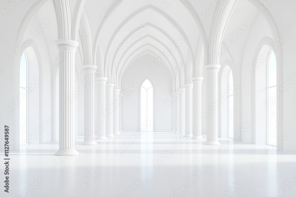 Poster white interior design in modern architectural style. empty hall with columns, large windows. bright,