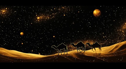 Naklejka premium A digital art piece depicting camels walking across the desert at night, illuminated by stars and planets in golden hues against an endless black sky