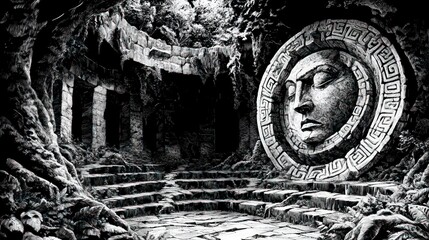 Fototapeta premium Ancient stone face, jungle ruins, overgrown pathway.