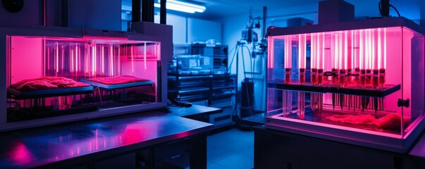 The cultivation of meat in vitro with an in-vitro biotechnological setup that is neon-illuminated
