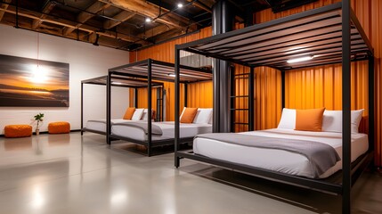 Fototapeta premium Urban chic hostel common space with sleek metal frame beds, large murals, eclectic furniture, and an open, loft-style design for group interaction