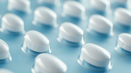 A closeup view of white pills in a blister pack, highlighting the healthcare theme with a soft, defocused backdrop.
