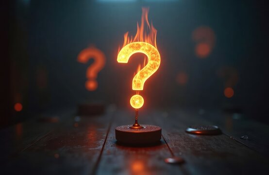 Burning question mark glows in dark room. Intense heat surrounds mysterious symbol. Dark wood table. Abstract concept mystery. Symbol of uncertainty. Uncertain future. Creative visual. Dramatic