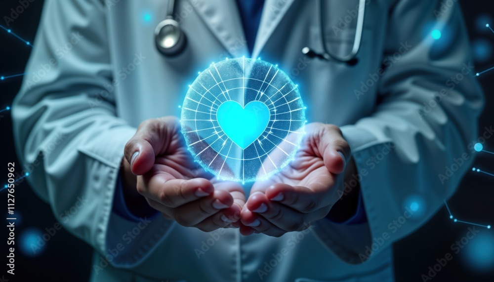 Aufkleber doctor holds digital heart icon. tech-savvy physician shows digital health care icon in palms. medic