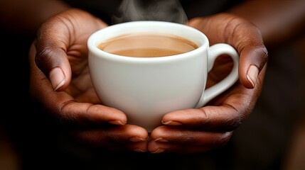 Dark hands gently hold a warm cup of coffee