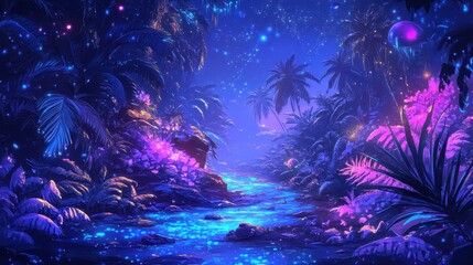 A Surreal Nightscape Of A Tropical River And Glowing Flora
