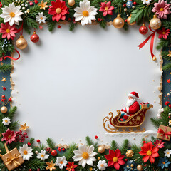 Merry Christmas greetings Happy New Year wishes and Xmas elegant Christmas card, banner, floral frames, gift boxes, Santa Claus, Christmas decor and blank card on a white background. Space for text.