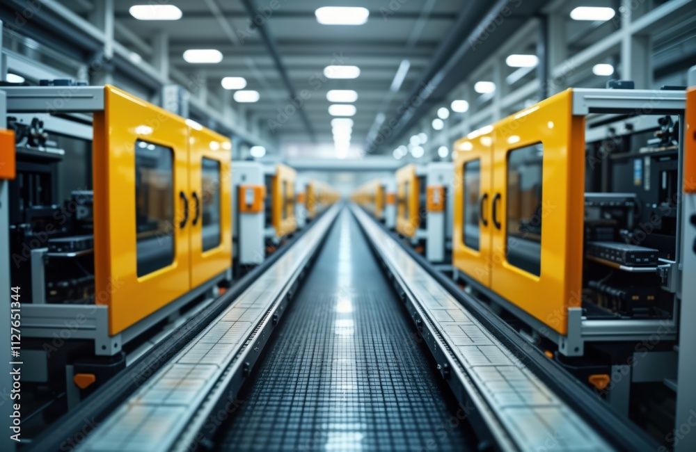 Poster modern automated plastic injection molding factory. yellow machines line up along conveyor belts. au