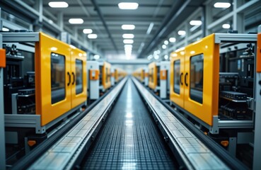 Fototapeta premium Modern automated plastic injection molding factory. Yellow machines line up along conveyor belts. Automated production process evident. Industrial setting. Manufacturing facility. Modern machinery.