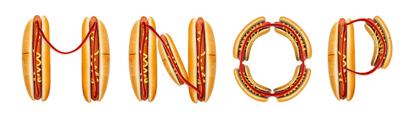 Letters M, N, O, P made from a hot dog