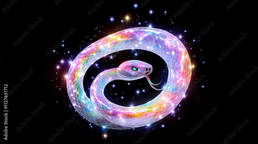 Poster rainbow crystal snake coiled in spiral shape against black background. futuristic design with glowin