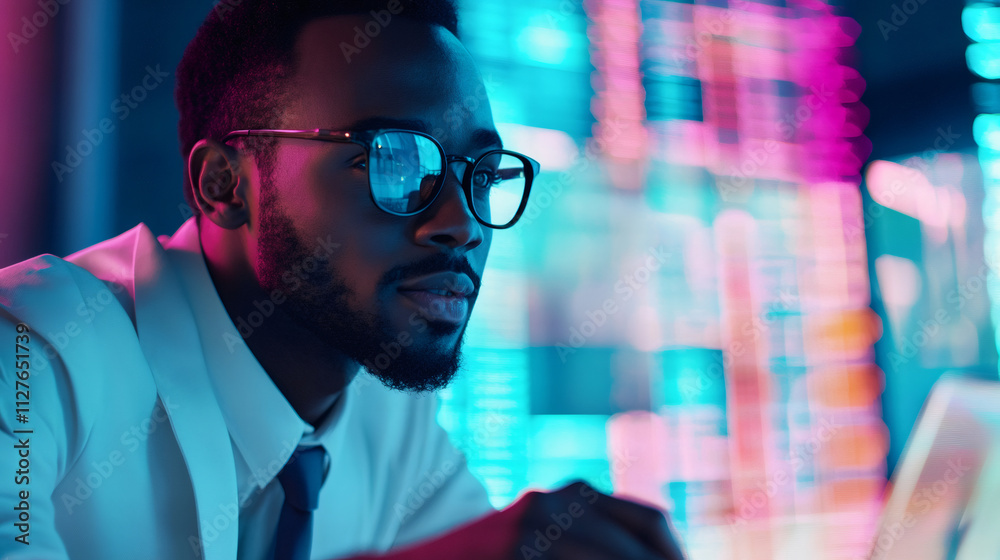 Aufkleber businessman studying advanced big data charts on a screen in a dimly lit room with neon lights