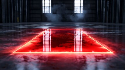 Naklejka premium Pool of vibrant red oil on dirty concrete floor, abandoned warehouse, smoke fills air, eerie silence, intense focus on industrial textures