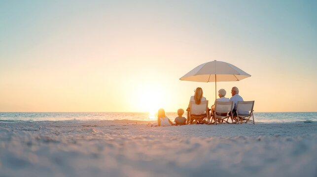Multi-generational family on beach, kids playing, grandparents relaxed on chairs under umbrellas, soft pastel beach tones at sunset