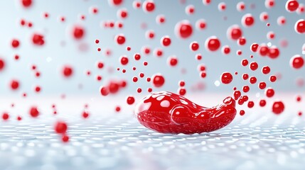 Red paint splatter floats, surreal smoky background in gray-blue tones, intense color and rich texture, artistic freeze of vibrant droplets