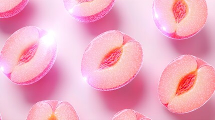 Sliced peaches arranged in a geometric pattern, viewed from a top-down angle, with holographic overlays, Pop Art, 3D Render, High Contrast