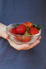 Close-up of Caucasian male hand holding bowl of strawberries.
