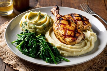 Healthy Grilled Chicken with Creamy Mashed Potatoes and Fresh Saut�ed Greens