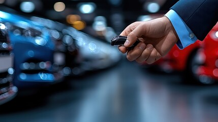 A well-dressed person's hand is seen holding a car key, symbolizing the excitement and anticipation of acquiring a luxury vehicle in a modern showroom environment.