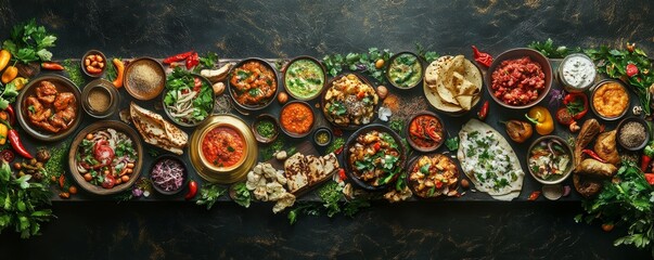 Fototapeta premium traditional indian cuisine spread with various spicy dishes and colorful garnishes, ai-generated food photography