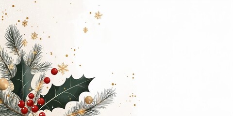 Festive Christmas design with holly leaves berries, pine branches. Elegant, simple design. Suitable for email signatures. Christmas greeting cards social media posts. Image features vibrant colors,