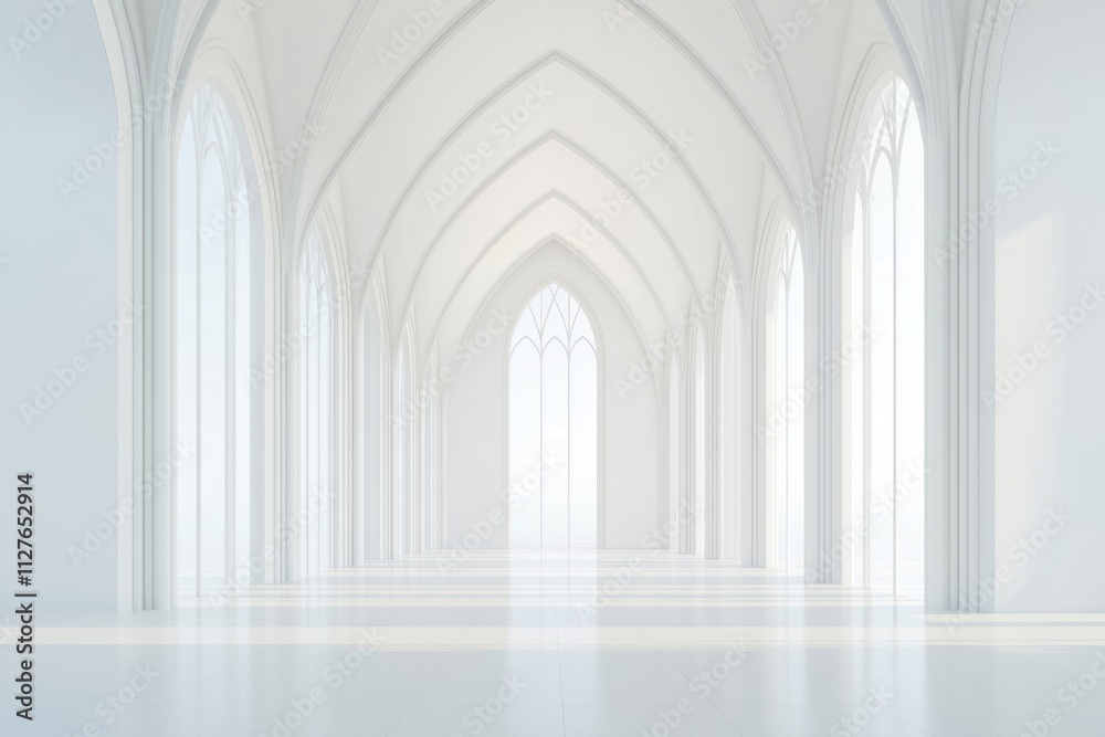 Poster White modern architecture interior. Empty hall with high windows. Light floods space. Elegant design. Spacious interior. Futuristic architectural style. Contemporary design. Clean lines. Geometric