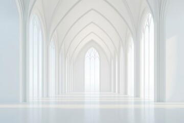 White modern architecture interior. Empty hall with high windows. Light floods space. Elegant design. Spacious interior. Futuristic architectural style. Contemporary design. Clean lines. Geometric