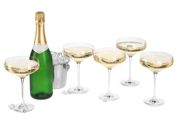 Champagne and bucket with ice isolated on white