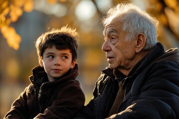 Elderly man teaching grandson to fish in golden hour light, generational connection , with copy space