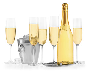 Champagne and bucket with ice isolated on white