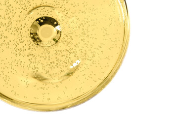 Champagne in glass isolated on white, top view