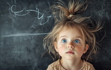 Little Girl with Blue Eyes and Chalkboard Background
