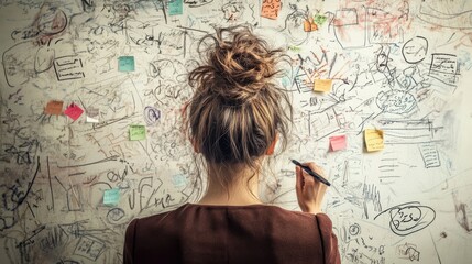 Rear view of a woman with a high messy bun, contemplating a wall covered with colorful sticky notes and handwritten notes.