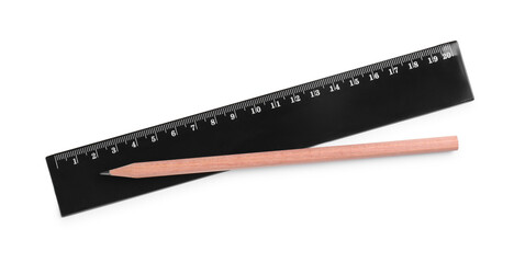 Ruler and pencil isolated on white, top view