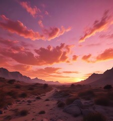 Sky ablaze with fiery hues of orange and pink during a sunset, , panoramic view, natural light effects