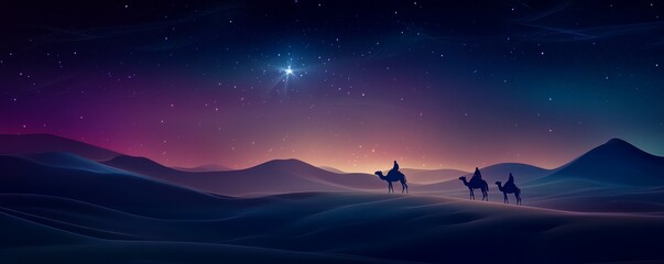 three wise men following the star of bethlehem across a starry night sky. silhouettes of camels and riders against a backdrop of desert dunes. mystical and reverent atmosphere.