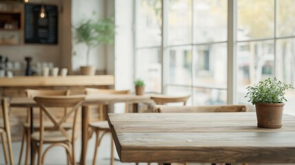 Obraz premium Rustic urban cafe with wooden tables, chairs. Large windows offer natural light. Relaxed atmosphere. People are enjoying drinks, pastries. Cozy, inviting place. Small business ambiance. City life.