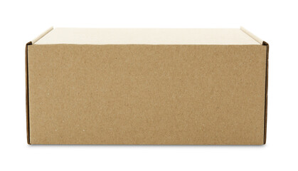 One closed cardboard box isolated on white. Mockup for design