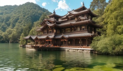Fototapeta premium building on a lake with a mountain in the background