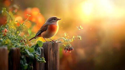 bird perched on trellis, overlooking vibrant vegetable patch, radiates tranquility and beauty in warm sunlight