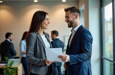 Real estate agent, happy client discuss property documents in modern office. Pro businesspeople review contract details. New house purchase agreement. Modern interior. Happy couple. Property