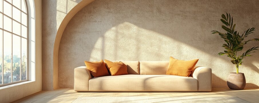 trendy loft living room modern interior with beige sofa, terracotta accents, arched window, textured stucco wall, minimalist chic design