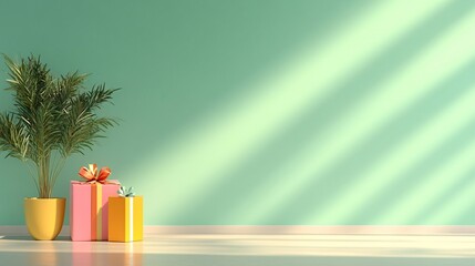 Bright and Cheerful Interior with Green Wall, Potted Plant, and Colorful Gift Boxes for a Welcoming Atmosphere in Celebration or Event Design