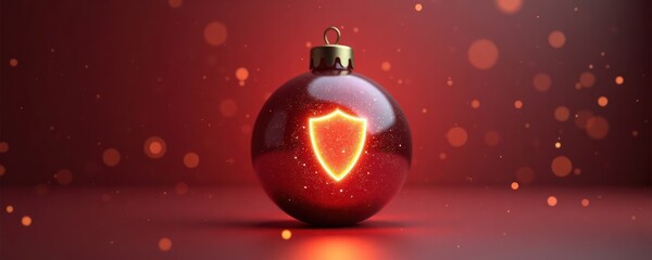 Glowing cybersecurity shield design on Christmas bauble. Modern tech holiday concept. 3D illustration of festive ornament with glowing shield. Secure, festive image. Perfect for cyber security